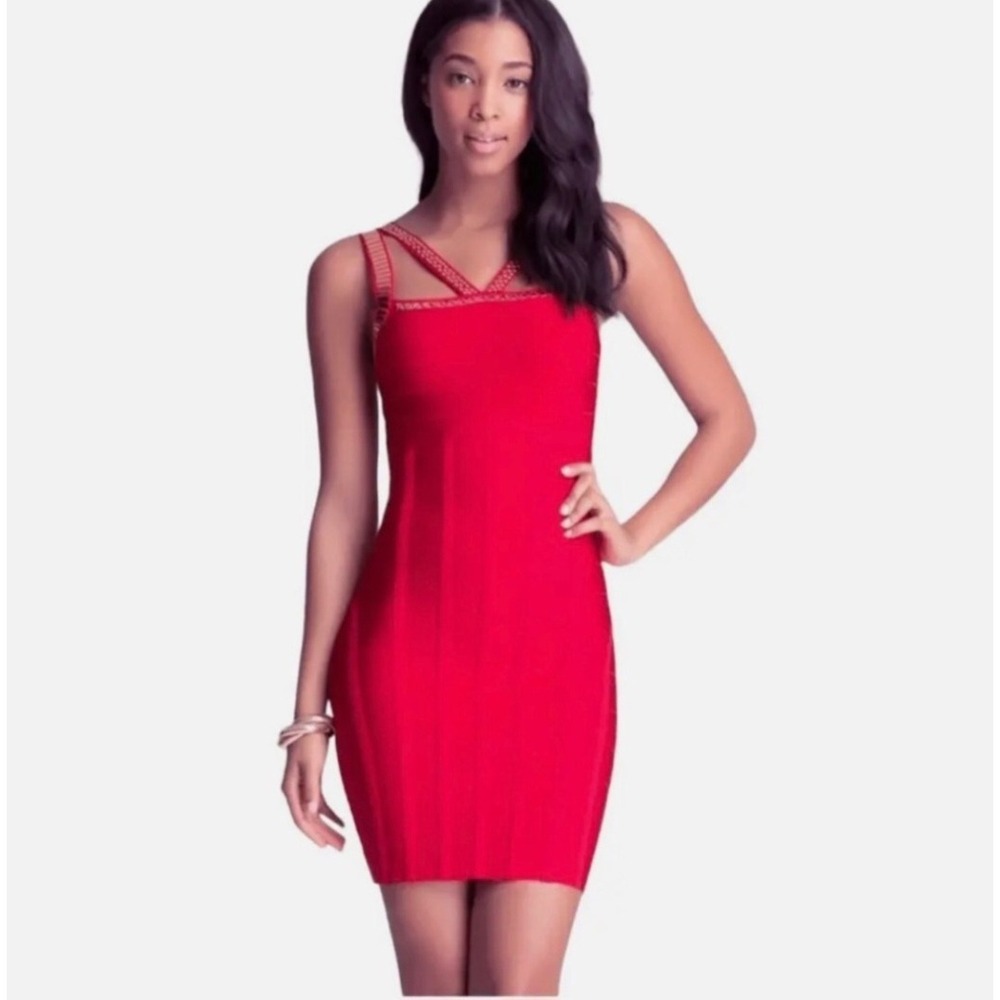 Bebe Red Bandage Mini Dress Gold Studded Detail Sleeveless‎ Bodycon S/P